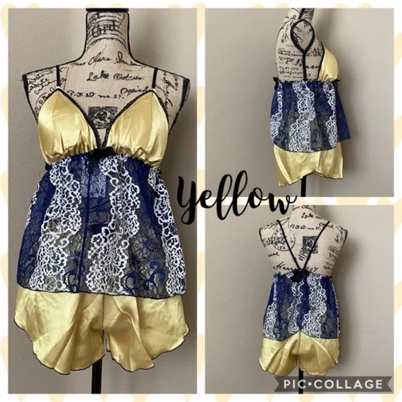 New Satin Silk-Like Lace PJs Set Assorted Color​ - Picture 3 of 8